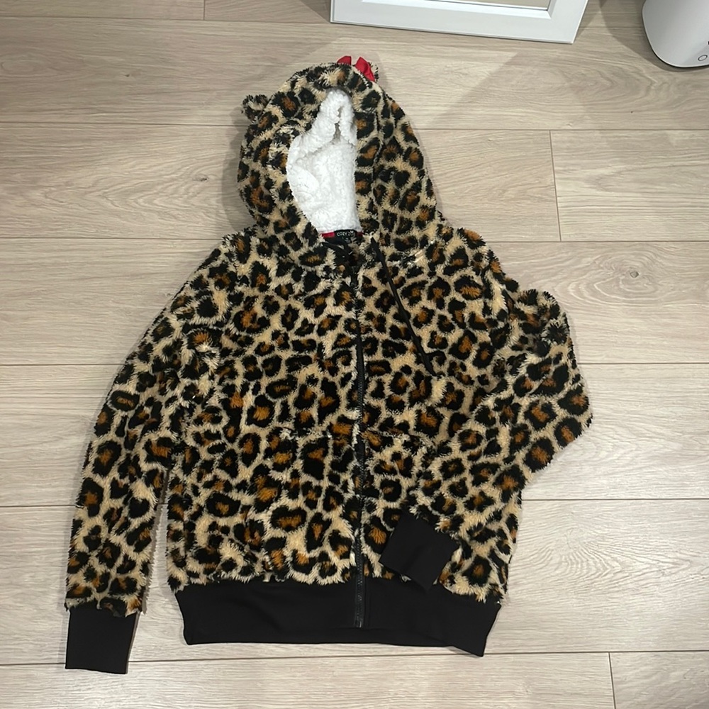Leopard Print Sherpa Zip Up With Ears And Bow - image 1